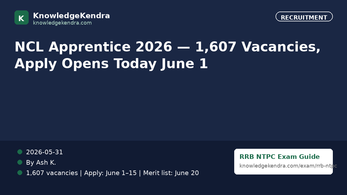 NCL Apprentice Recruitment 2026 — 1,607 Vacancies, Apply Opens June 1 via NATS/NAPS Portal