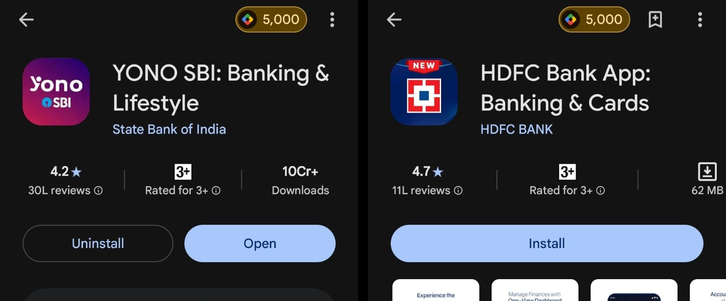 YONO SBI app 4.2 stars 10 crore downloads vs HDFC Bank App 4.7 stars 11 lakh reviews - Google Play Store comparison