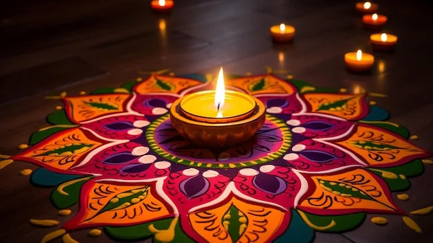 a candle on a colorful mandala