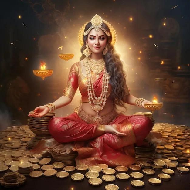 a woman sitting on a pile of coins